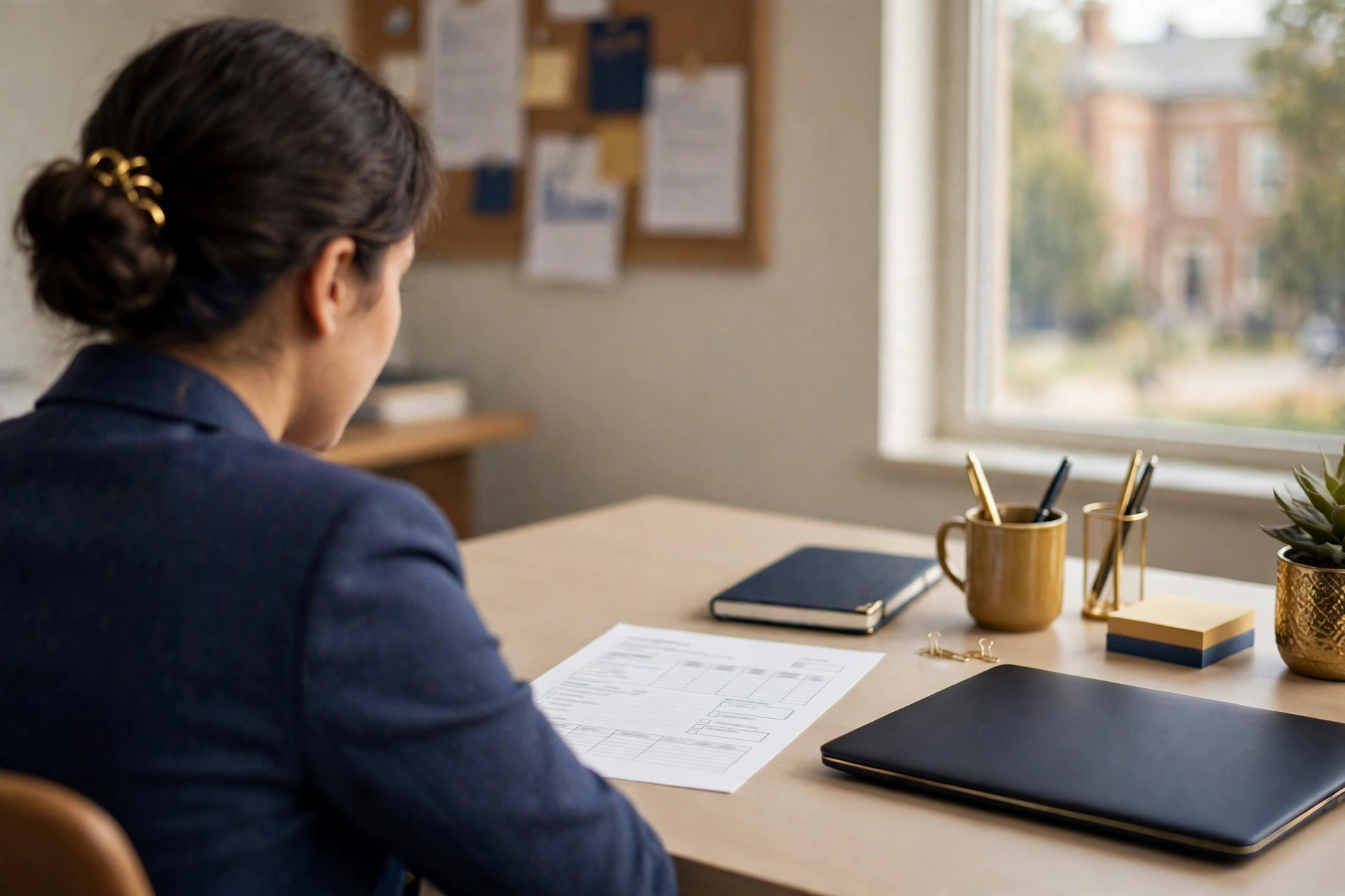 A campus privacy officer reviewing a printed data inventory at a desk, with a closed laptop beside it