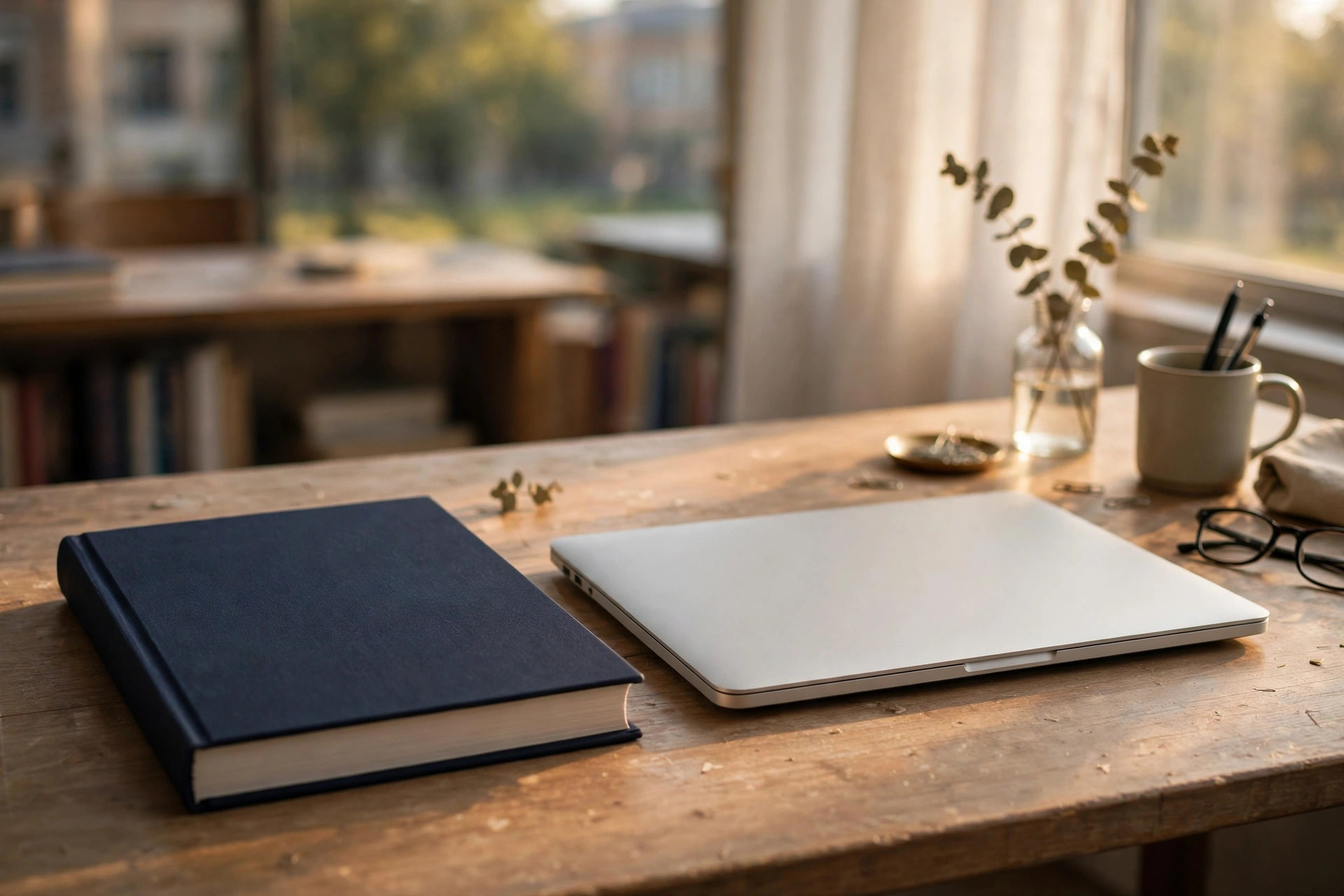 A bound governance record book beside a closed laptop on a campus desk
