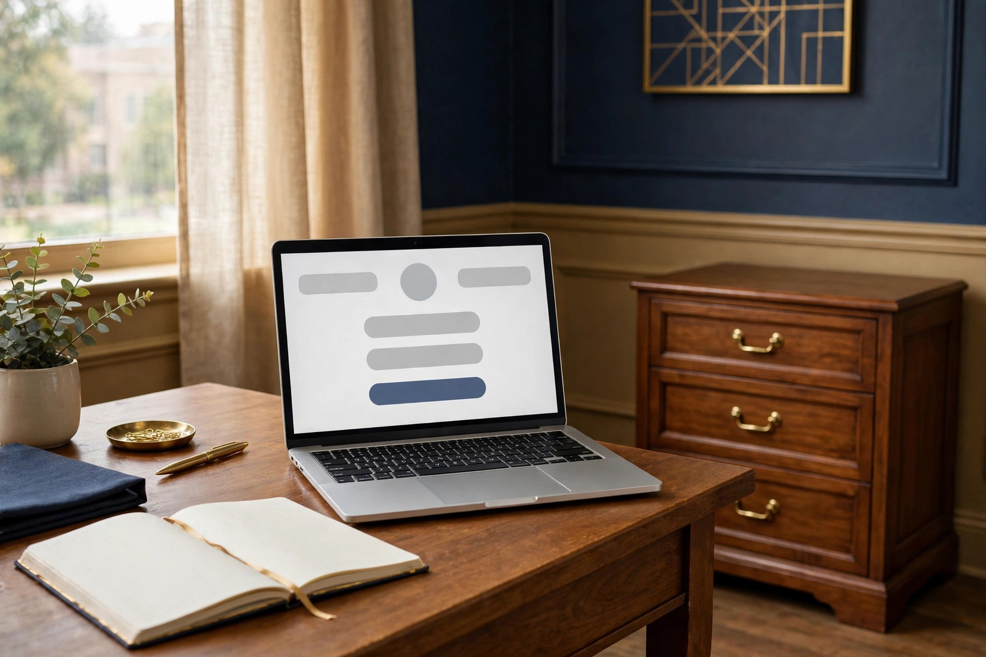 A quiet campus records office: a closed file cabinet, a laptop showing a student portal login screen without legible text, and a notebook