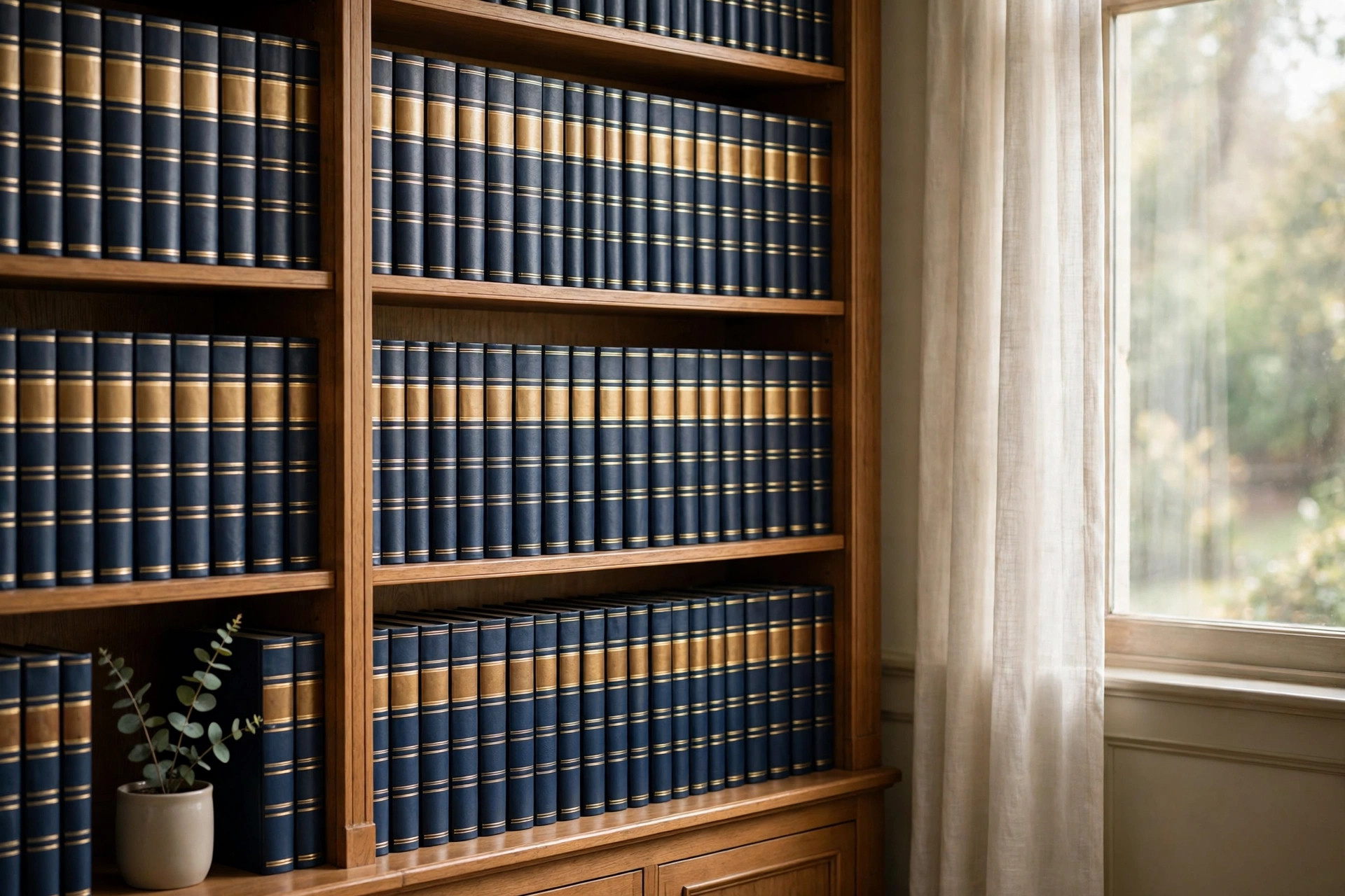 A quiet reading room shelf holding bound volumes of education law and guidance, with no legible text